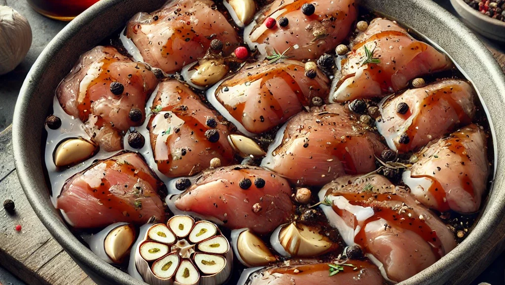 A realistic image of a large bowl with chicken and pork pieces being marinated. The meat is coated in soy sauce, half of the minced garlic, and black