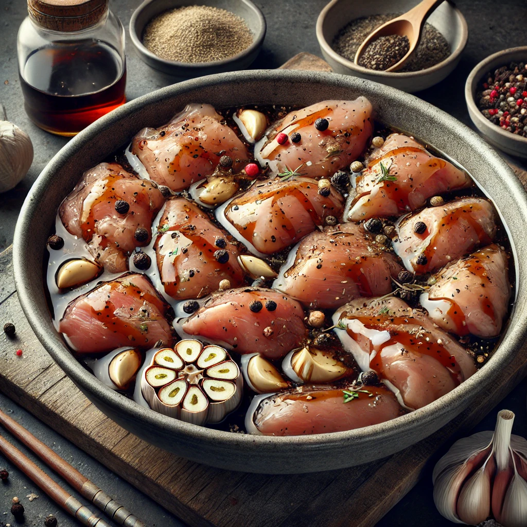 A realistic image of a large bowl with chicken and pork pieces being marinated. The meat is coated in soy sauce, half of the minced garlic, and black