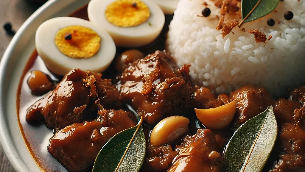 A close-up of a traditional Filipino adobo dish served on a white plate. The adobo features tender chicken and pork pieces.