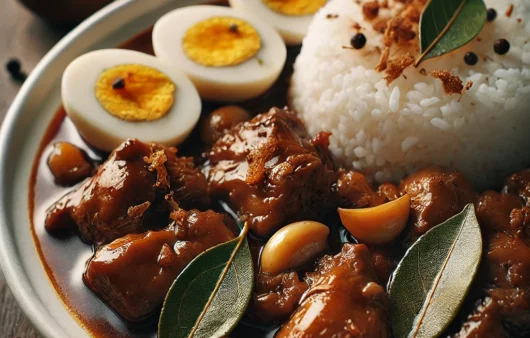 A close-up of a traditional Filipino adobo dish served on a white plate. The adobo features tender chicken and pork pieces.