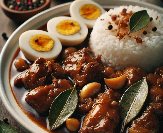 A close-up of a traditional Filipino adobo dish served on a white plate. The adobo features tender chicken and pork pieces.