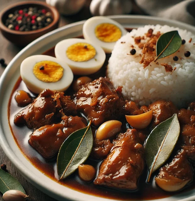 A close-up of a traditional Filipino adobo dish served on a white plate. The adobo features tender chicken and pork pieces.