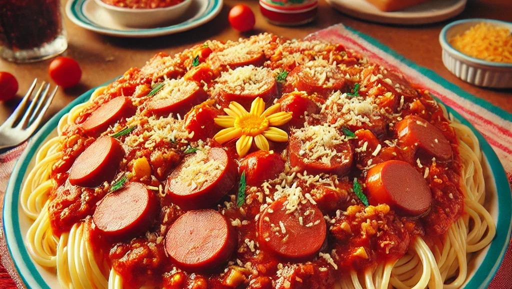 A colorful and appetizing image of Filipino Spaghetti. The dish features a rich, sweet tomato sauce with ground meat and sliced hotdogs