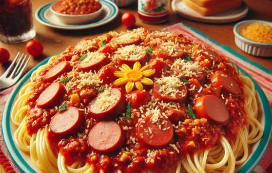 A colorful and appetizing image of Filipino Spaghetti. The dish features a rich, sweet tomato sauce with ground meat and sliced hotdogs