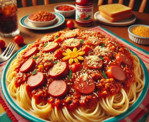 A colorful and appetizing image of Filipino Spaghetti. The dish features a rich, sweet tomato sauce with ground meat and sliced hotdogs