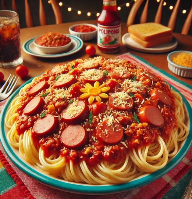 A colorful and appetizing image of Filipino Spaghetti. The dish features a rich, sweet tomato sauce with ground meat and sliced hotdogs