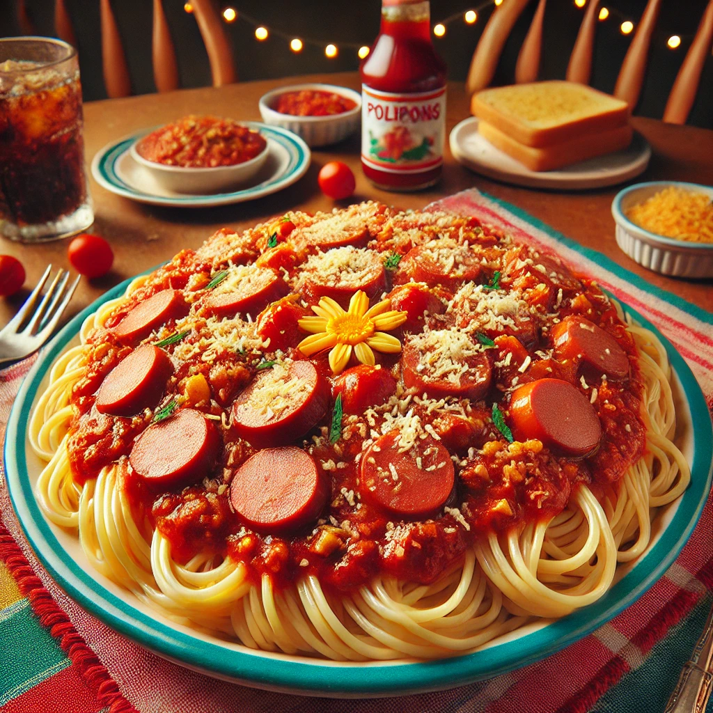 A colorful and appetizing image of Filipino Spaghetti. The dish features a rich, sweet tomato sauce with ground meat and sliced hotdogs