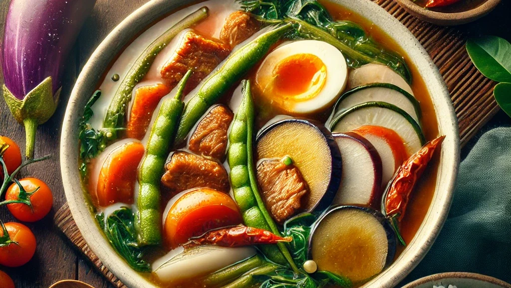 A vibrant and delicious image of a traditional Filipino dish, Sinigang. The dish features a rich, tamarind-based broth with a slightly sour and savory