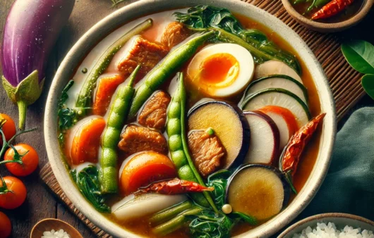 A vibrant and delicious image of a traditional Filipino dish, Sinigang. The dish features a rich, tamarind-based broth with a slightly sour and savory