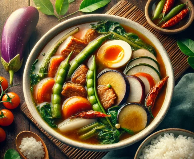 A vibrant and delicious image of a traditional Filipino dish, Sinigang. The dish features a rich, tamarind-based broth with a slightly sour and savory