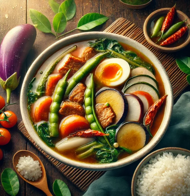 A vibrant and delicious image of a traditional Filipino dish, Sinigang. The dish features a rich, tamarind-based broth with a slightly sour and savory