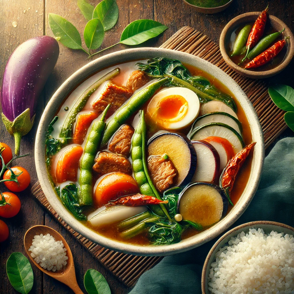 A vibrant and delicious image of a traditional Filipino dish, Sinigang. The dish features a rich, tamarind-based broth with a slightly sour and savory